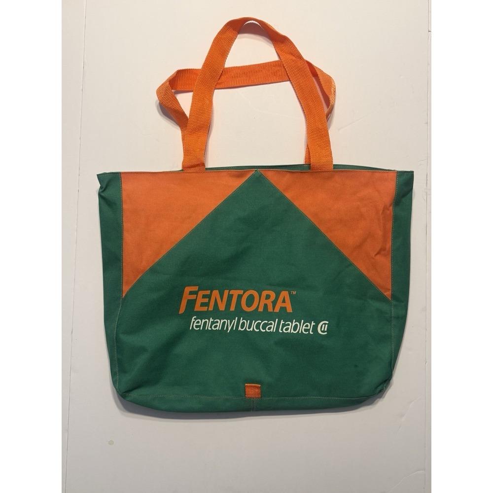 Vintage FENTORA Pharmaceutical Promo Tote Bag Canvas Green Zip Pocket Rare